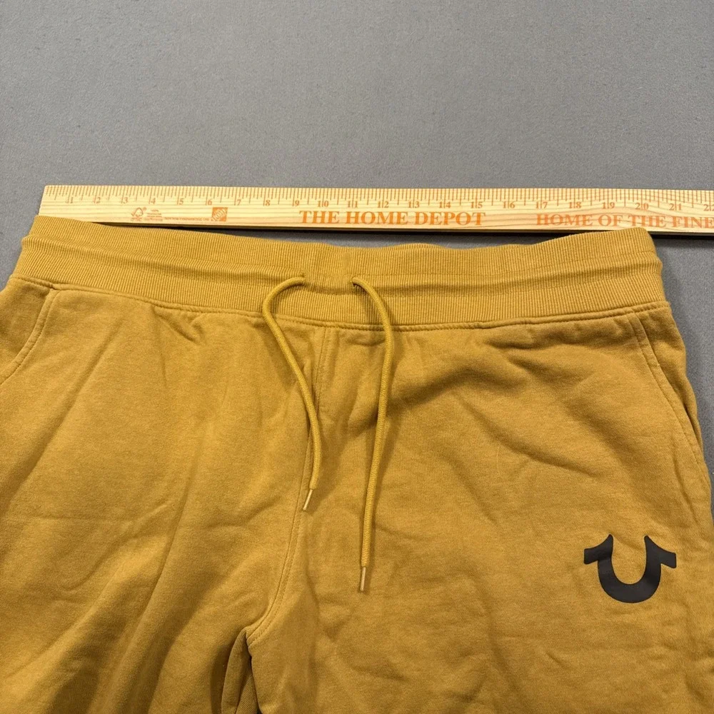 True Religion Men XXL Sweat Shorts Mustard Yellow Black Horseshoe Logo